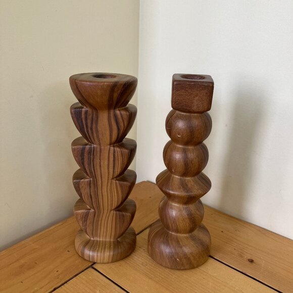 Brown Ceramic Taper Candle Holders Vintage Set of 2 Wood-Look Glaze 8" Tall - Picture 4 of 6